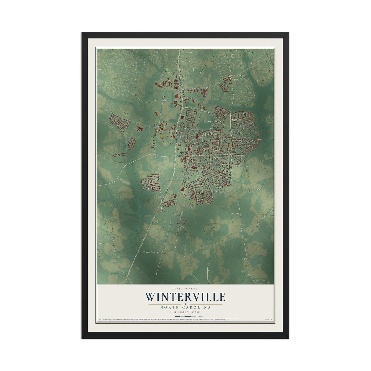 Map of Winterville, North Carolina, 12 x 18 inch print in a black wood frame