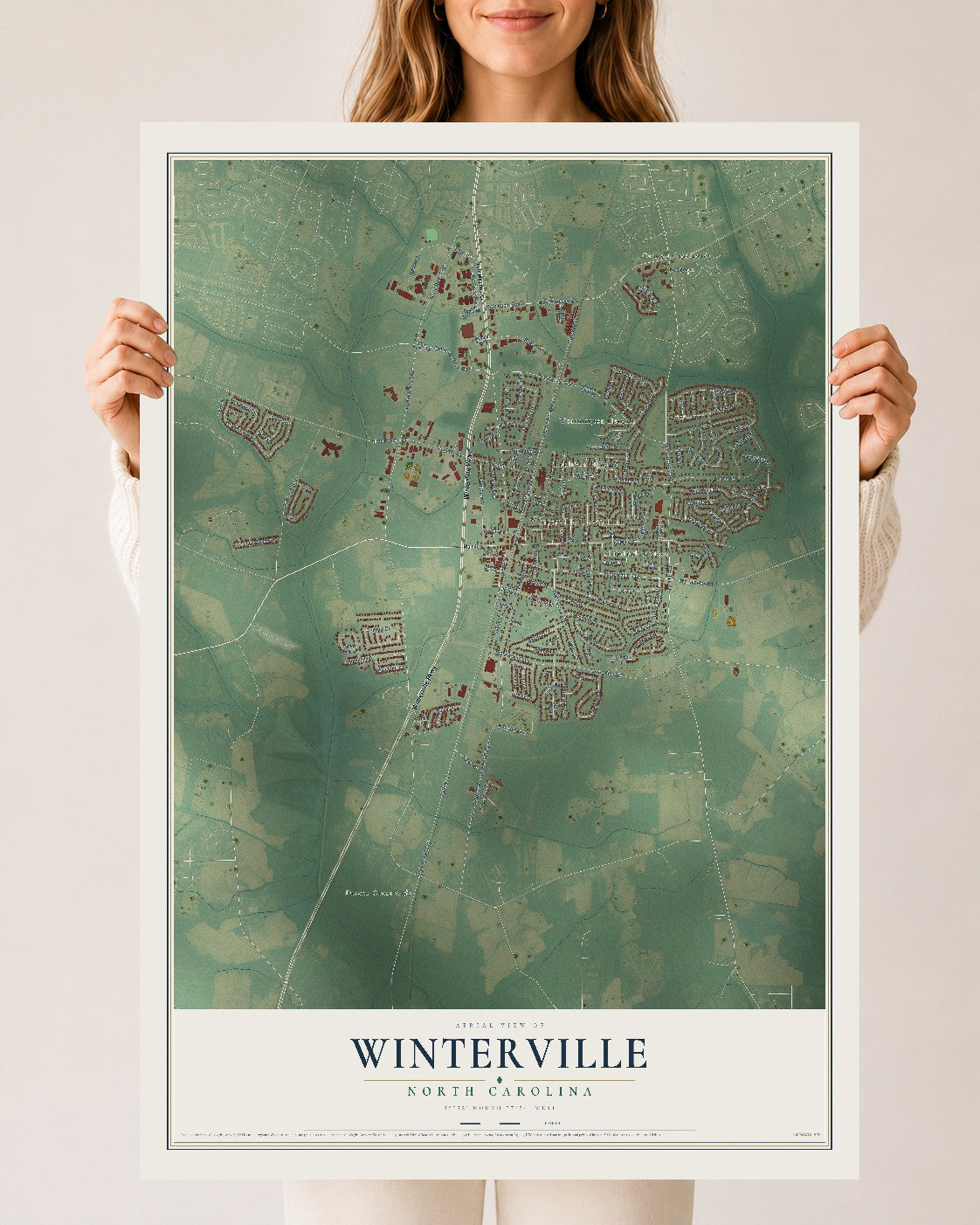 Map of Winterville, North Carolina, 24 x 36 inch unframed archival matte print