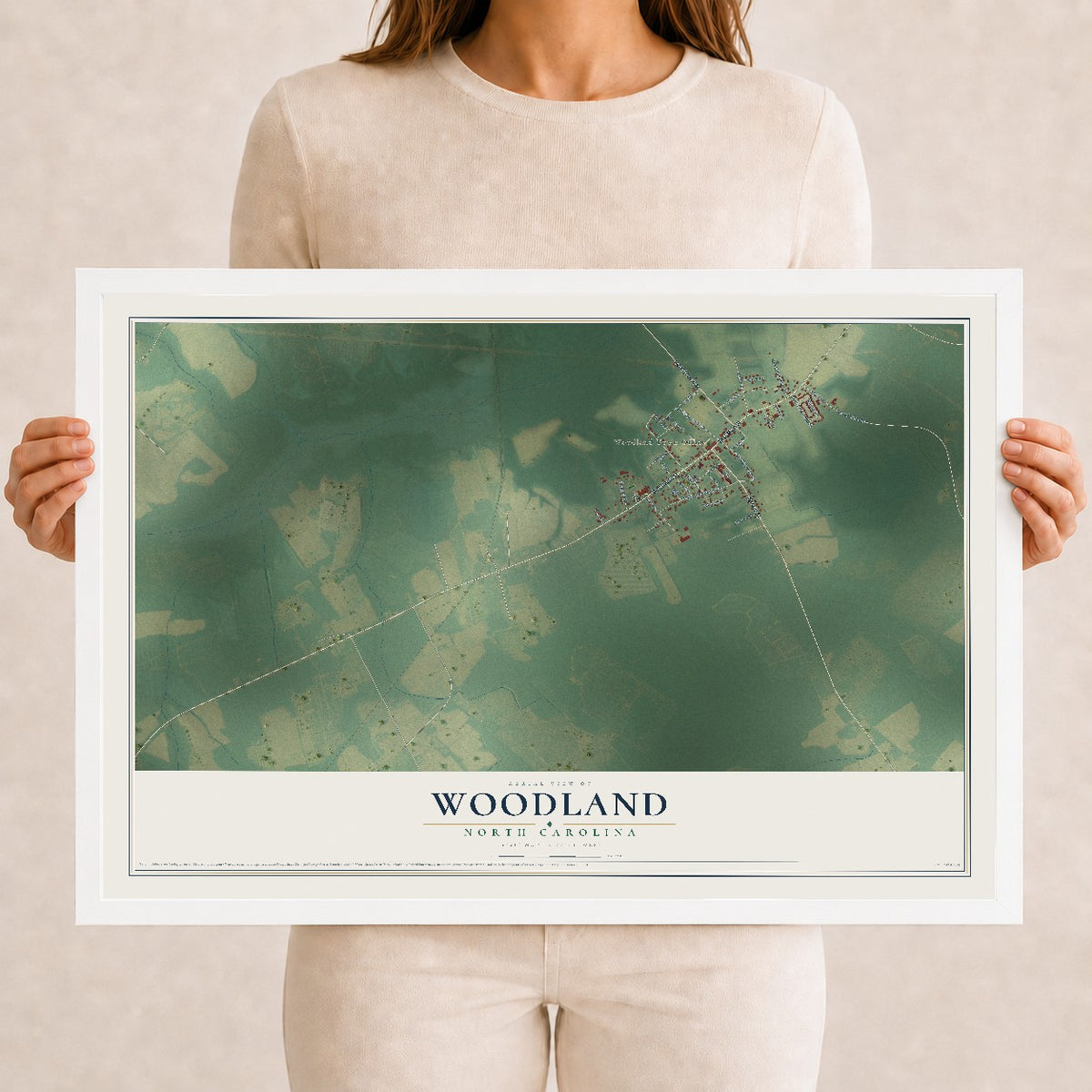 Map of Woodland, North Carolina, 12 x 18 inch print in a white wood frame