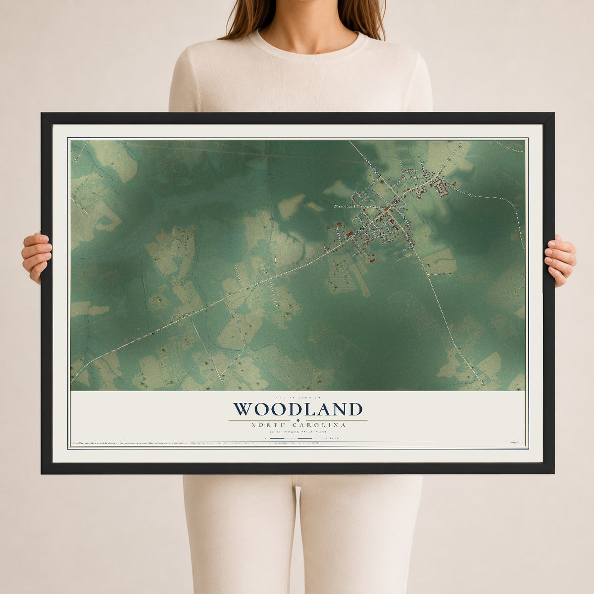 Map of Woodland, North Carolina, 24 x 36 inch print in a black wood frame