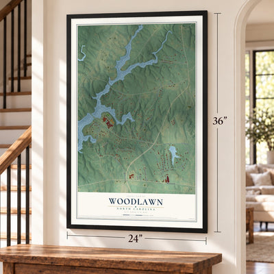 Woodlawn, North Carolina map, 24 x 36 inch print in a black frame by a staircase
