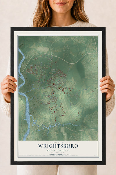 Map of Wrightsboro, North Carolina, 18 x 24 inch print in a black wood frame