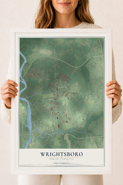 Map of Wrightsboro, North Carolina, 18 x 24 inch print in a white wood frame