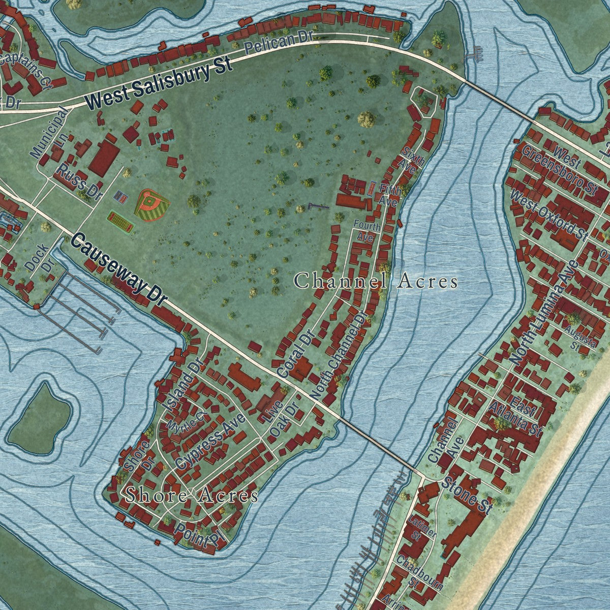 Close-up of the map of Wrightsville Beach, North Carolina print showing street and building detail