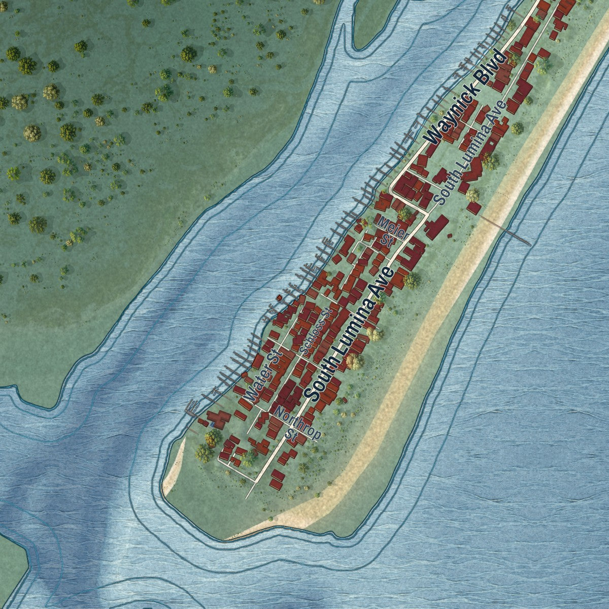 Second close-up of the map of Wrightsville Beach, North Carolina print showing more streets and buildings