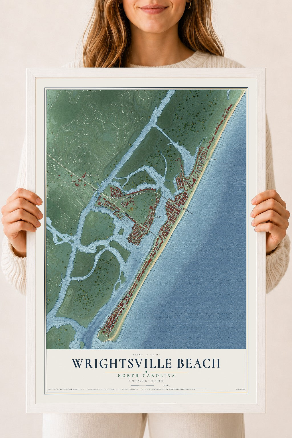 Map of Wrightsville Beach, North Carolina, 18 x 24 inch print in a white wood frame