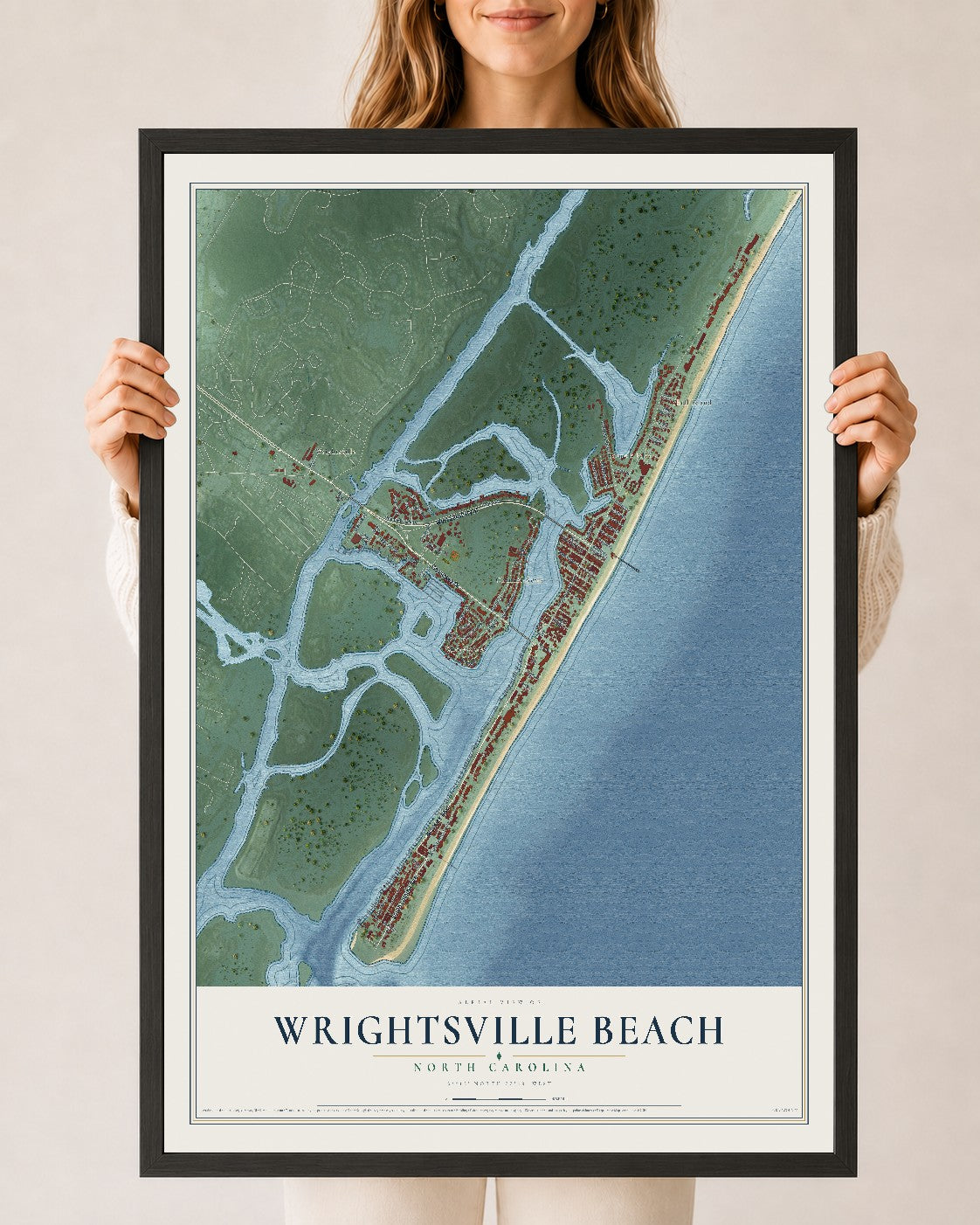 Map of Wrightsville Beach, North Carolina, 24 x 36 inch print in a black wood frame