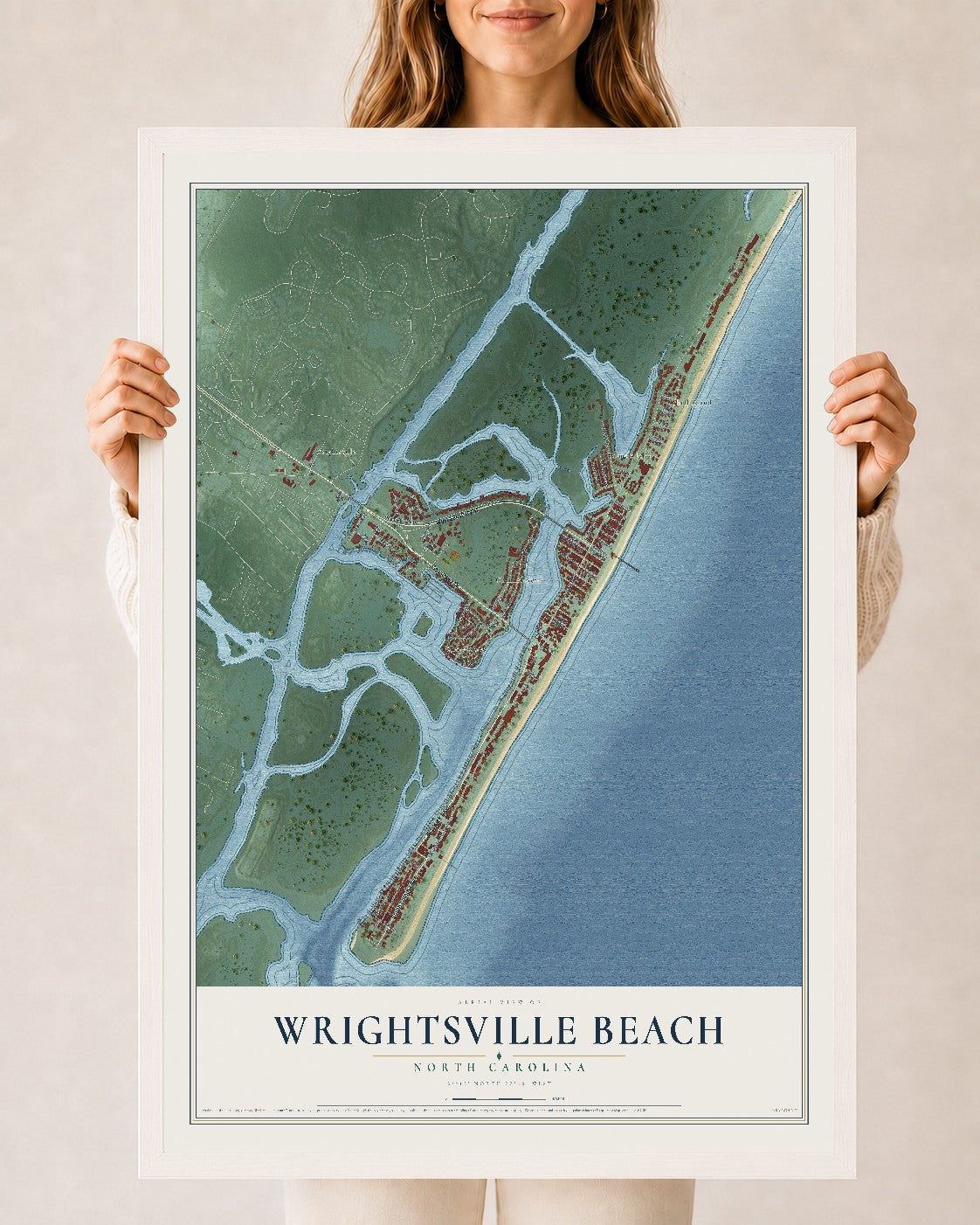 Map of Wrightsville Beach, North Carolina, 24 x 36 inch print in a white wood frame
