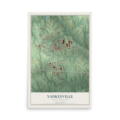 Map of Yadkinville, North Carolina, 12 x 18 inch unframed archival matte print