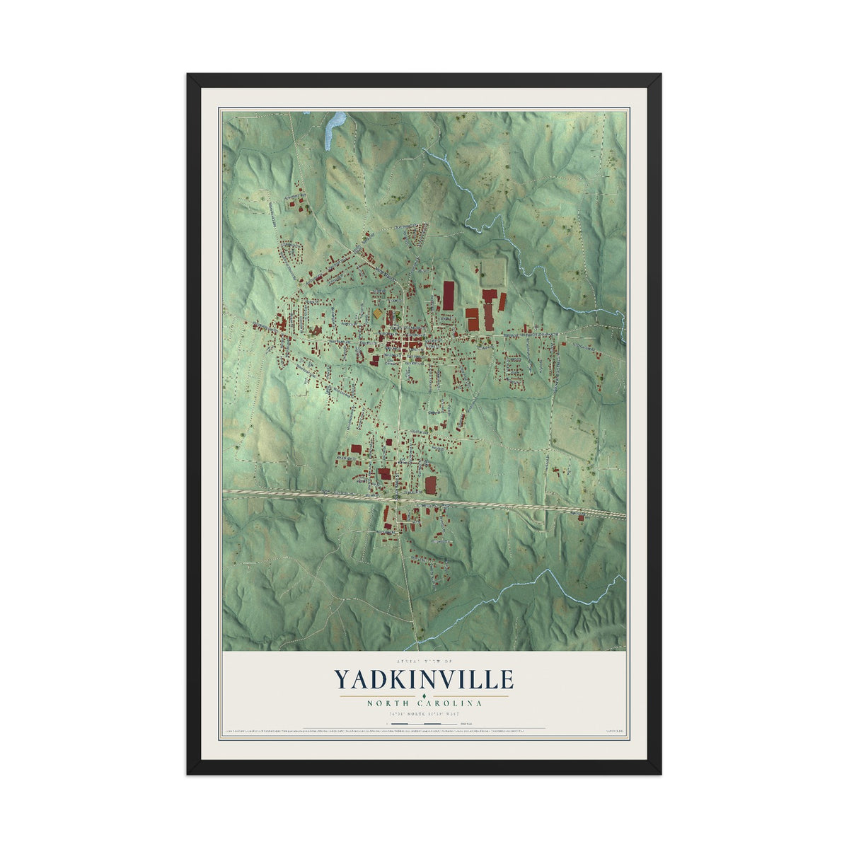 Map of Yadkinville, North Carolina, 12 x 18 inch print in a black wood frame