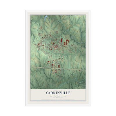 Map of Yadkinville, North Carolina, 12 x 18 inch print in a white wood frame