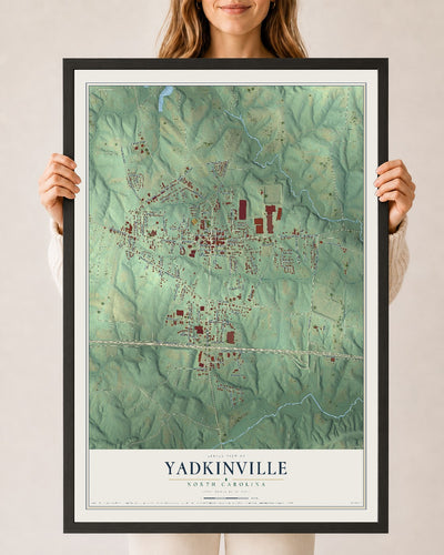 Map of Yadkinville, North Carolina, 24 x 36 inch print in a black wood frame
