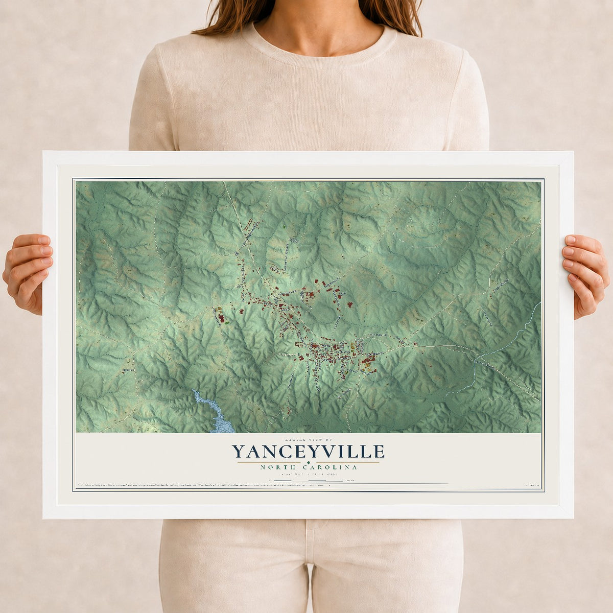 Map of Yanceyville, North Carolina, 12 x 18 inch print in a white wood frame