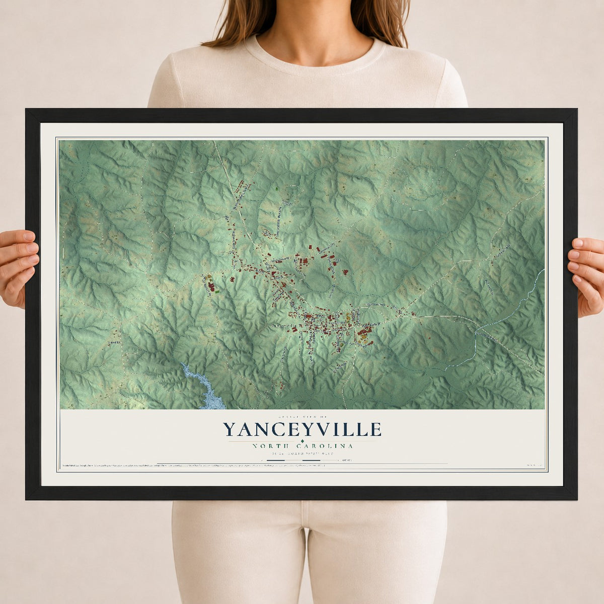 Map of Yanceyville, North Carolina, 18 x 24 inch print in a black wood frame