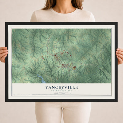 Map of Yanceyville, North Carolina, 18 x 24 inch print in a black wood frame