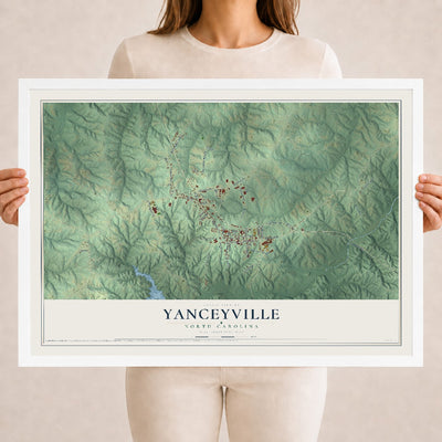 Map of Yanceyville, North Carolina, 18 x 24 inch print in a white wood frame