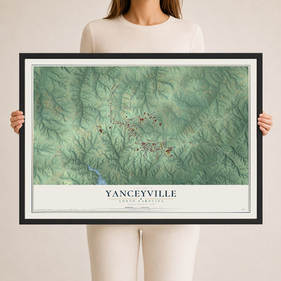 Map of Yanceyville, North Carolina, 24 x 36 inch print in a black wood frame