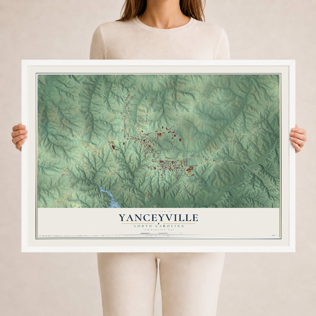 Map of Yanceyville, North Carolina, 24 x 36 inch print in a white wood frame