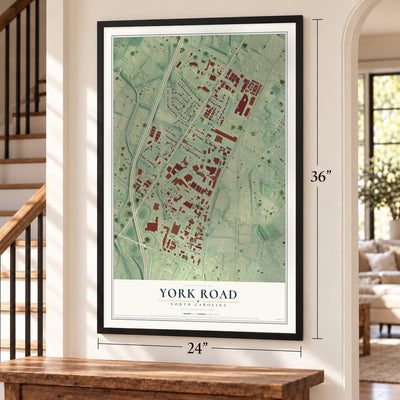 York Road, North Carolina map, 24 x 36 inch print in a black frame by a staircase
