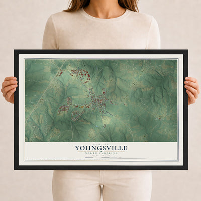 Map of Youngsville, North Carolina, 12 x 18 inch print in a black wood frame