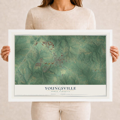 Map of Youngsville, North Carolina, 12 x 18 inch print in a white wood frame