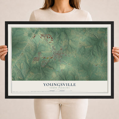 Map of Youngsville, North Carolina, 18 x 24 inch print in a black wood frame