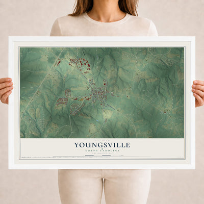 Map of Youngsville, North Carolina, 18 x 24 inch print in a white wood frame