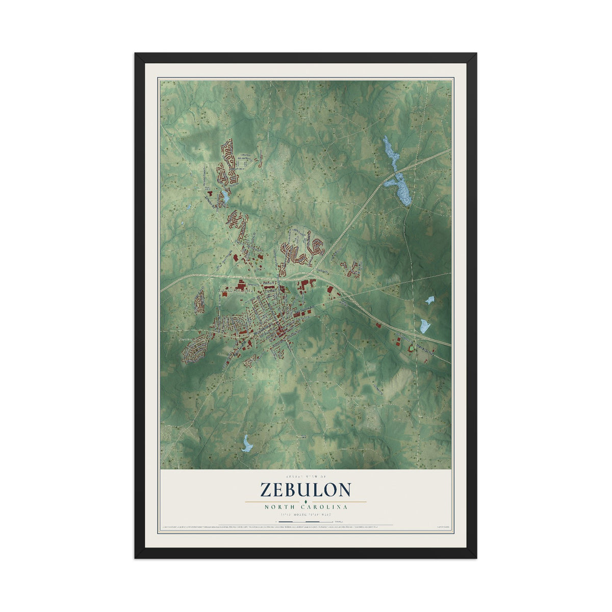Map of Zebulon, North Carolina, 12 x 18 inch print in a black wood frame