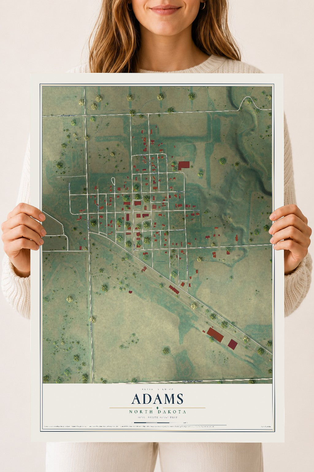 Map of Adams, North Dakota, 18 x 24 inch unframed archival matte print