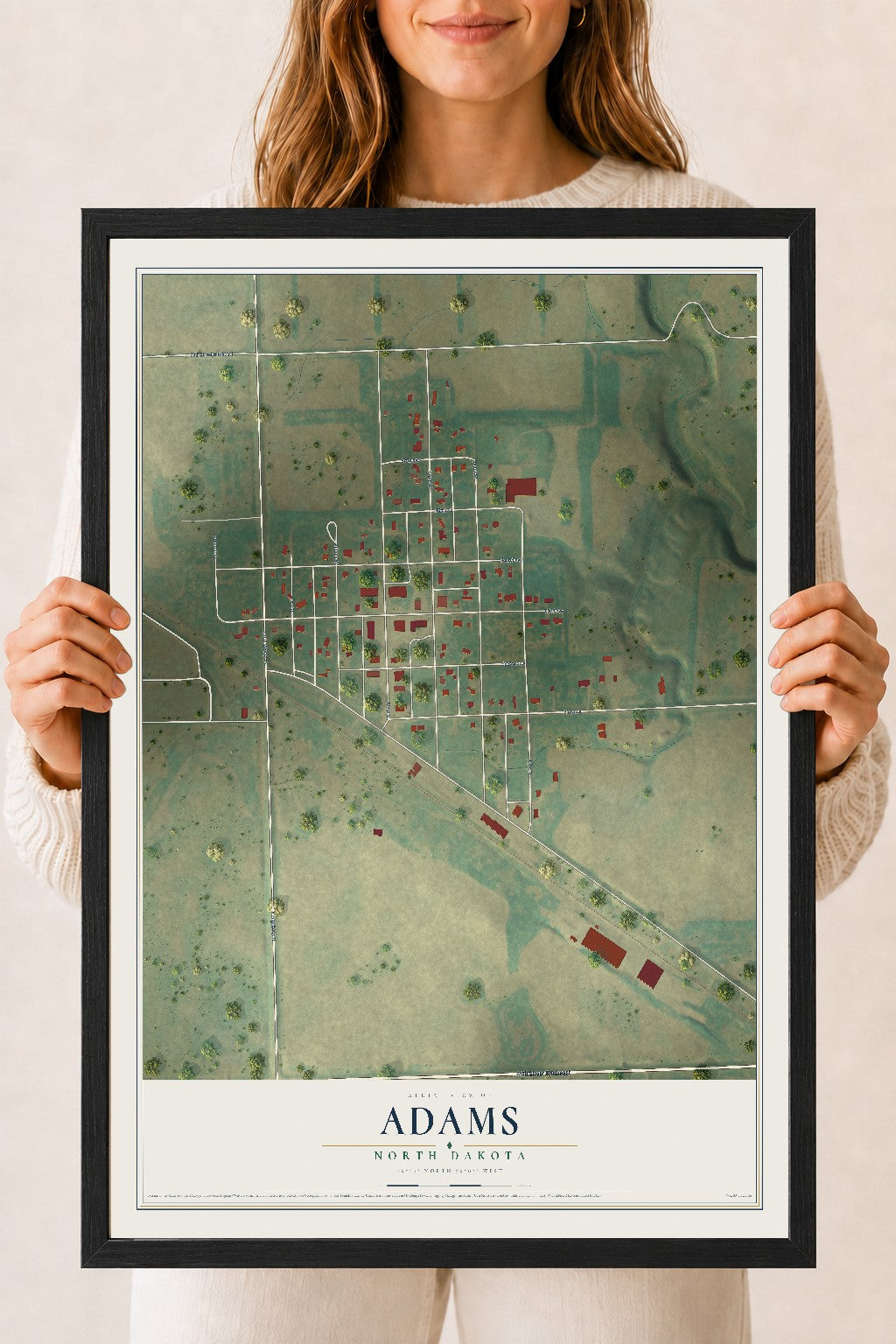 Map of Adams, North Dakota, 18 x 24 inch print in a black wood frame