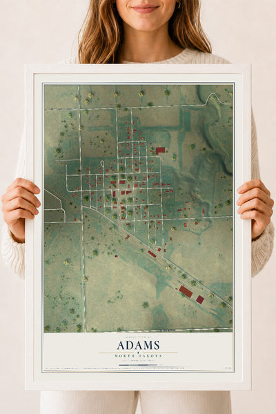 Map of Adams, North Dakota, 18 x 24 inch print in a white wood frame