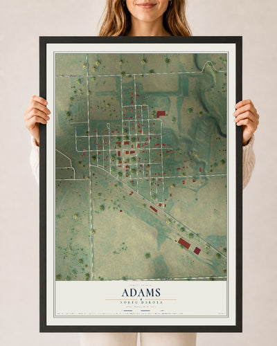 Map of Adams, North Dakota, 24 x 36 inch print in a black wood frame
