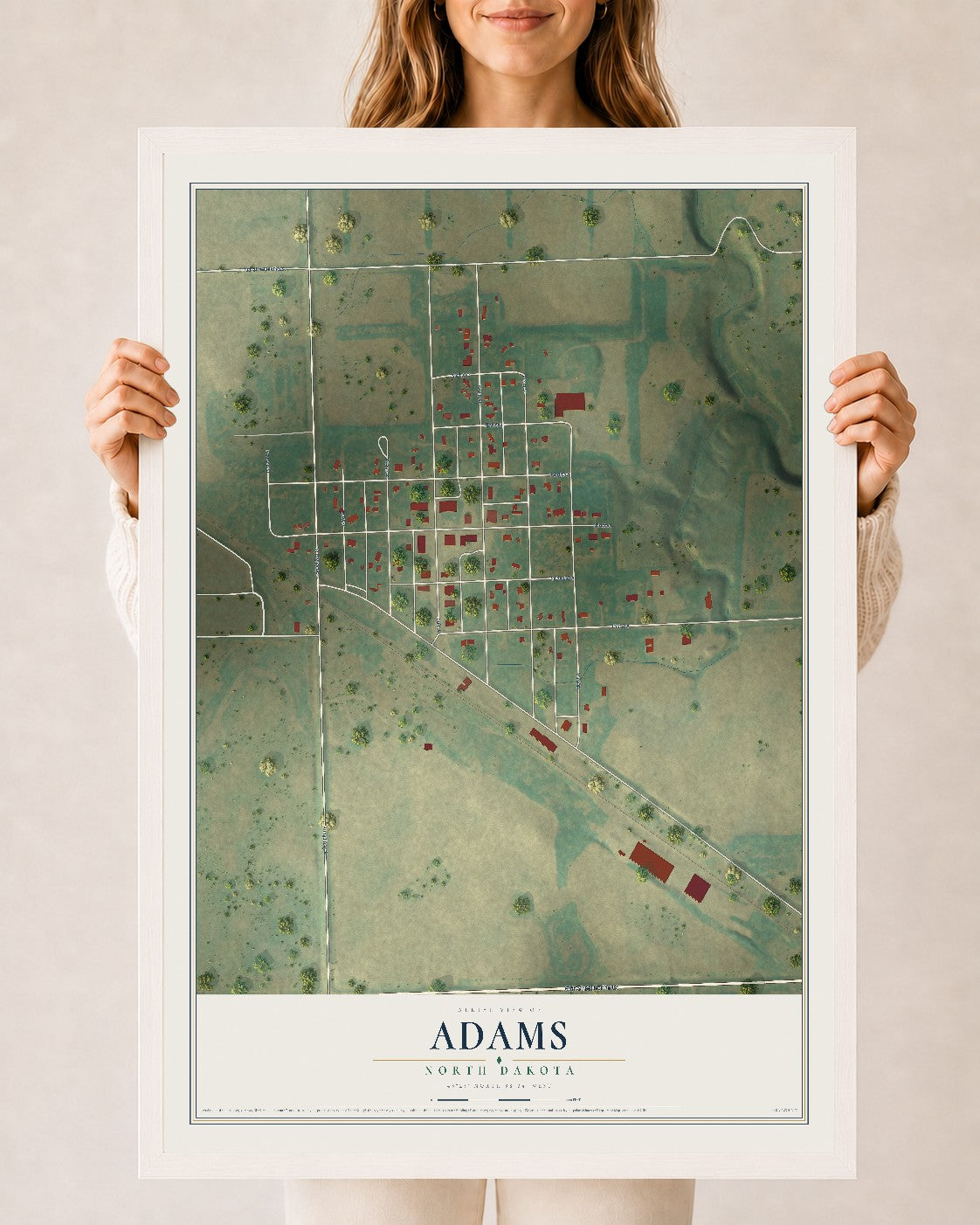 Map of Adams, North Dakota, 24 x 36 inch print in a white wood frame