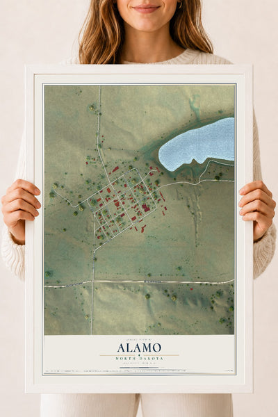 Map of Alamo, North Dakota, 18 x 24 inch print in a white wood frame