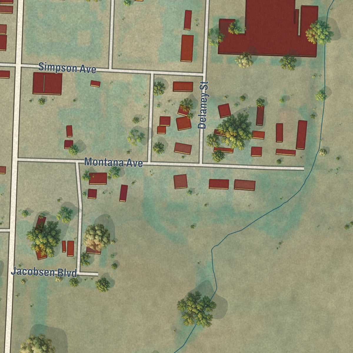 Second close-up of the map of Alexander, North Dakota print showing more streets and buildings