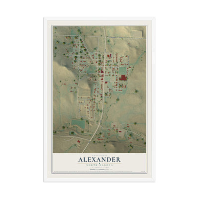 Map of Alexander, North Dakota, 12 x 18 inch print in a white wood frame