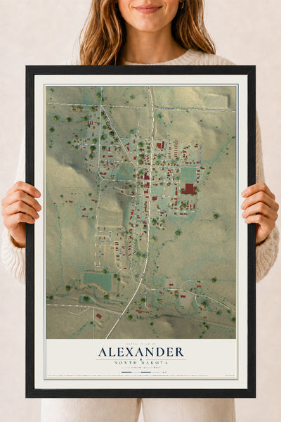 Map of Alexander, North Dakota, 18 x 24 inch print in a black wood frame