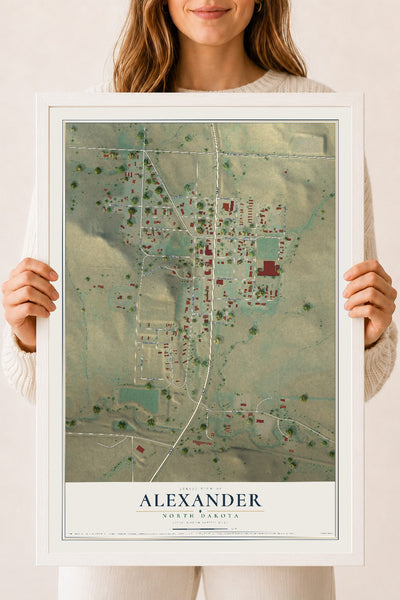 Map of Alexander, North Dakota, 18 x 24 inch print in a white wood frame