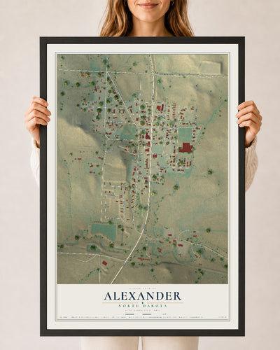 Map of Alexander, North Dakota, 24 x 36 inch print in a black wood frame