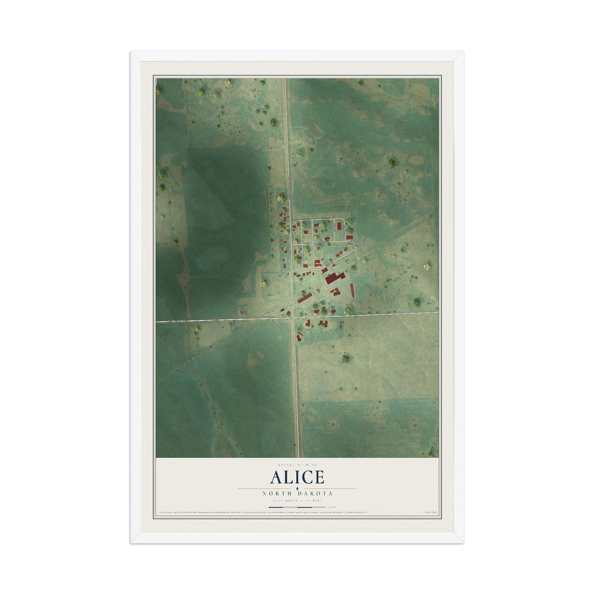 Map of Alice, North Dakota, 12 x 18 inch print in a white wood frame