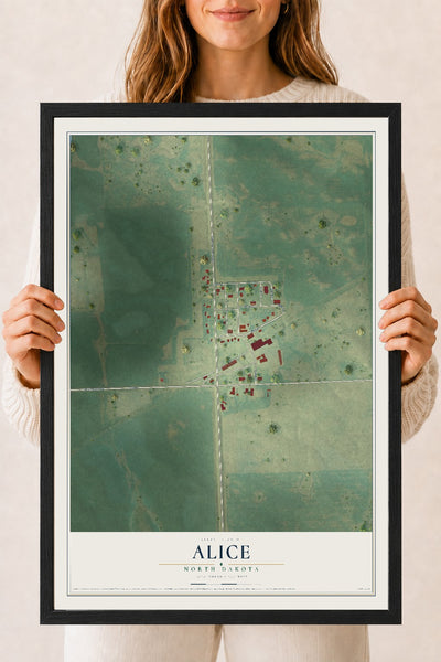 Map of Alice, North Dakota, 18 x 24 inch print in a black wood frame