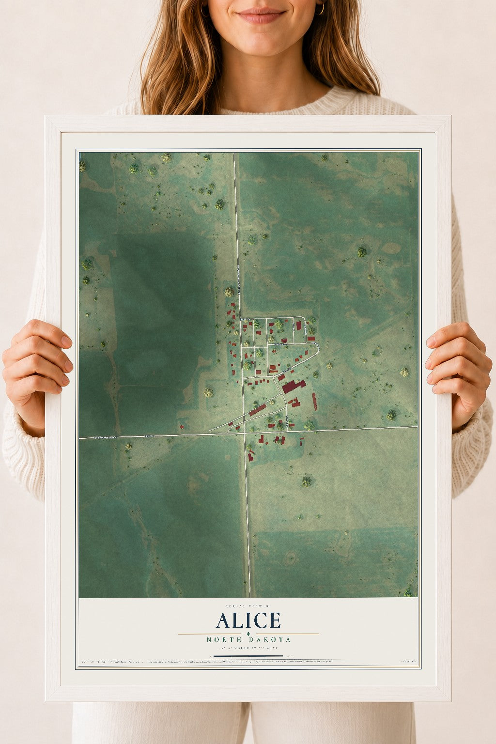 Map of Alice, North Dakota, 18 x 24 inch print in a white wood frame