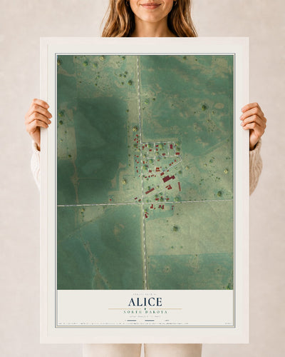 Map of Alice, North Dakota, 24 x 36 inch print in a white wood frame