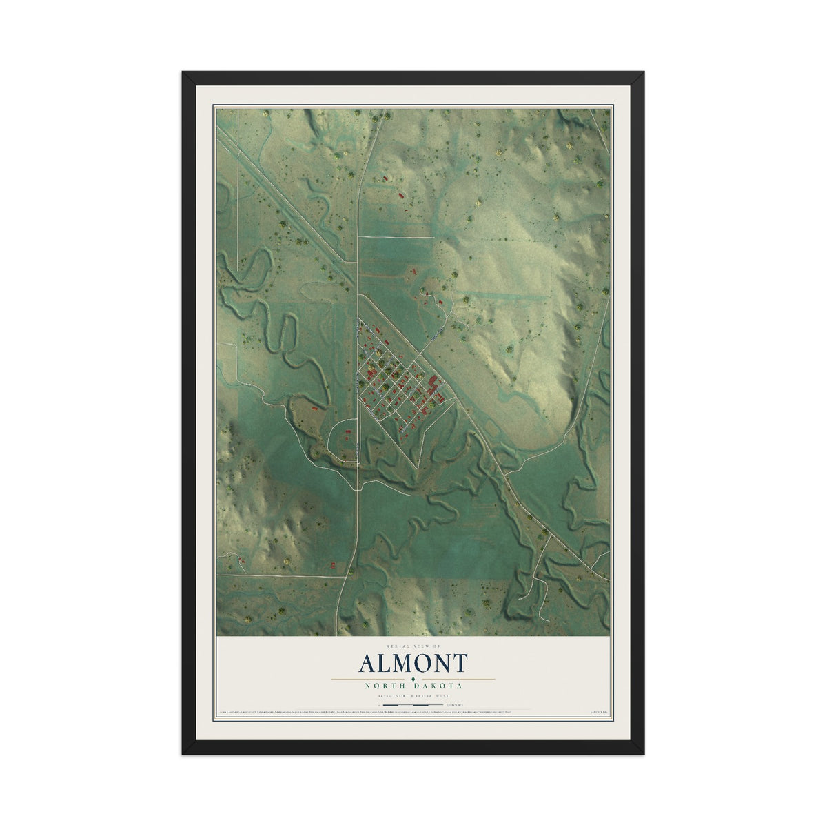 Map of Almont, North Dakota, 12 x 18 inch print in a black wood frame