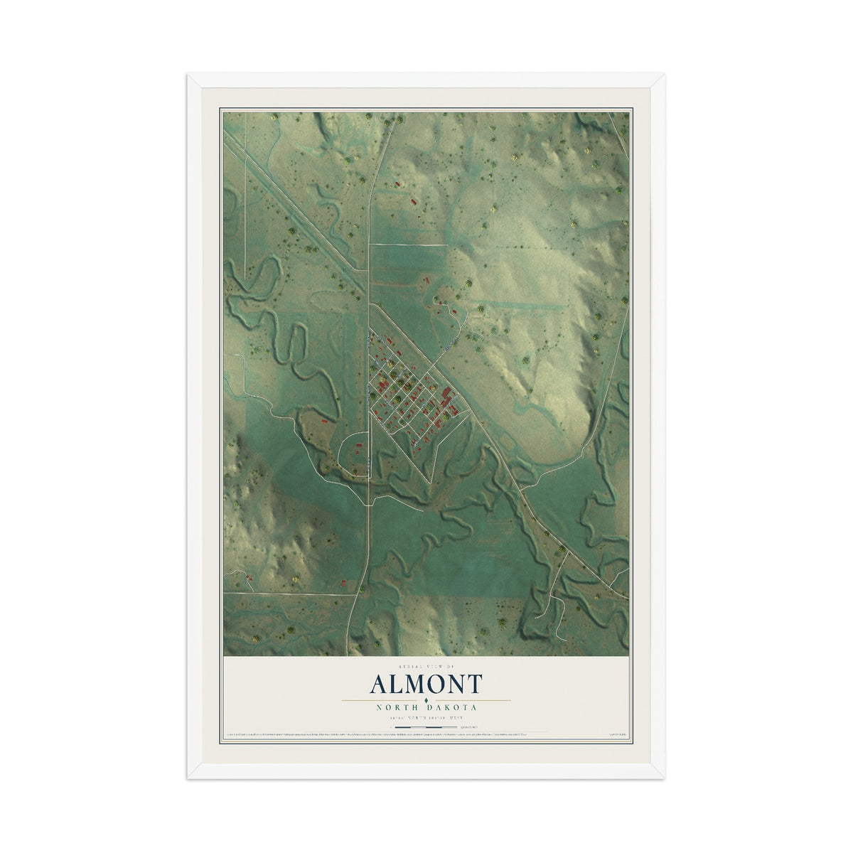 Map of Almont, North Dakota, 12 x 18 inch print in a white wood frame