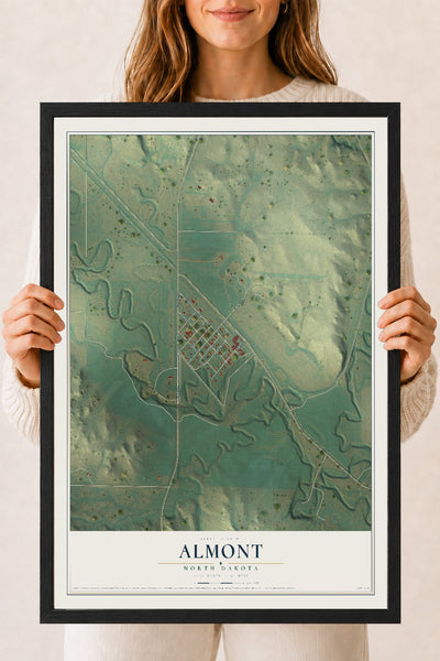 Map of Almont, North Dakota, 18 x 24 inch print in a black wood frame
