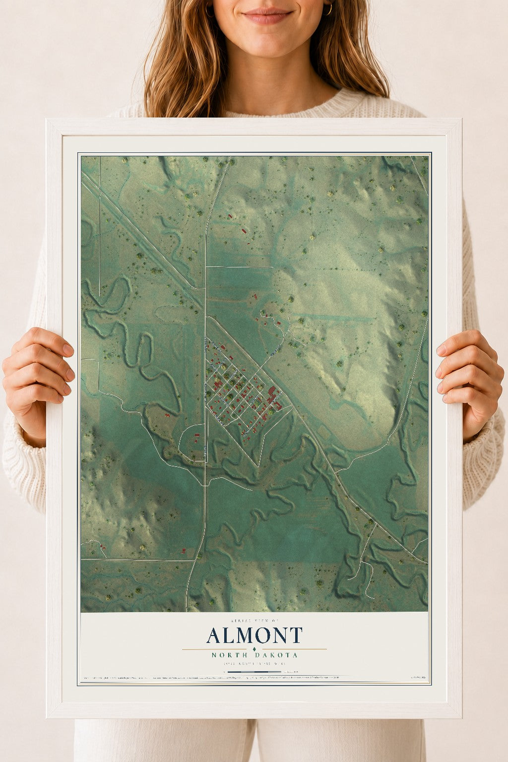 Map of Almont, North Dakota, 18 x 24 inch print in a white wood frame