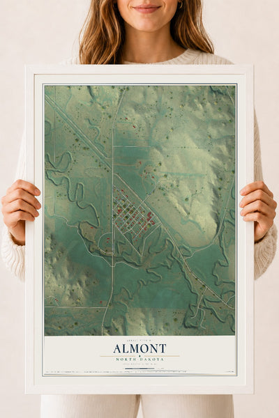 Map of Almont, North Dakota, 18 x 24 inch print in a white wood frame