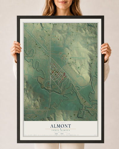 Map of Almont, North Dakota, 24 x 36 inch print in a black wood frame
