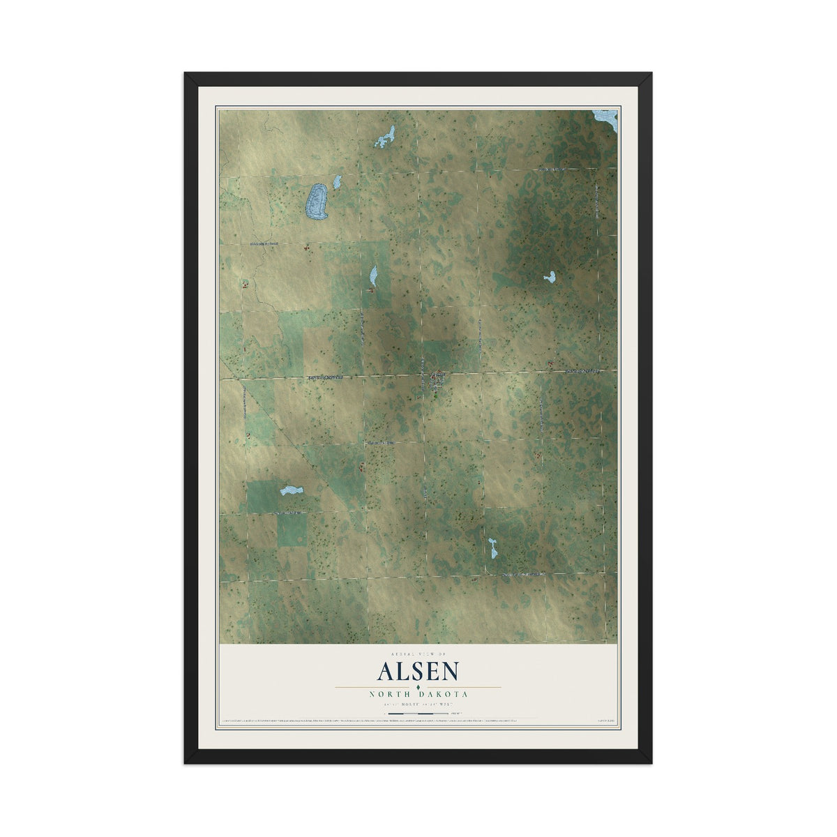 Map of Alsen, North Dakota, 12 x 18 inch print in a black wood frame